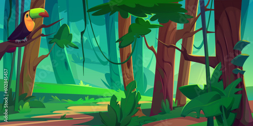 Tropical jungle forest with toucan on tree cartoon background. Bird on branch in wildlife exotic nature landscape. Adventure in wild amazon rainforest park with liana and bush illustration design.