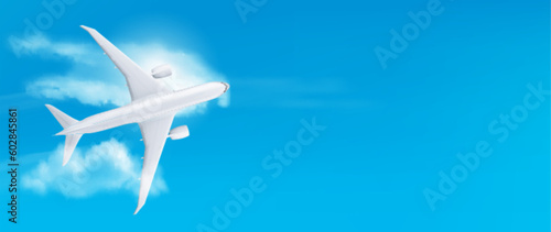 Wallpaper Mural Realistic 3D plane flying on blue sky background. Vector illustration of white aircraft mockup for passenger, freight transportation, international mail delivery. Holiday travel banner template Torontodigital.ca