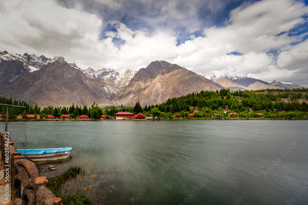 Long exposure of Lower Kachura or Shangrila Lake: Immerse in the Pristine Serenity of Turquoise Waters and Majestic Mountains, an Enchanting Gem of Skardu, Gilgit-Baltistan.