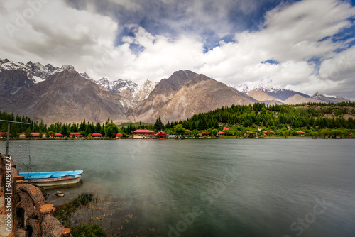 Long exposure of Lower Kachura or Shangrila Lake: Immerse in the Pristine Serenity of Turquoise Waters and Majestic Mountains, an Enchanting Gem of Skardu, Gilgit-Baltistan. photo