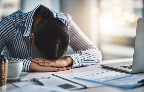Sleeping, stress and business woman in office for headache, overworked and tired. Exhausted, burnout and mental health with female employee resting at desk for fatigue, dreaming and frustrated
