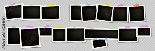 Realistic set of instant photo collage attached to wall with sticky tape. Vector illustration of square and rectangular blank paper photographs in white frames isolated on transparent background