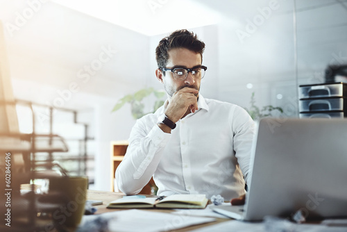 Quadro em tela Laptop, thinking and business man in office, working on project or email