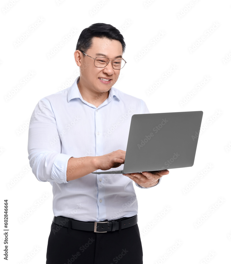 Businessman in formal clothes with laptop on white background Businessman in formal clothes with laptop on white background