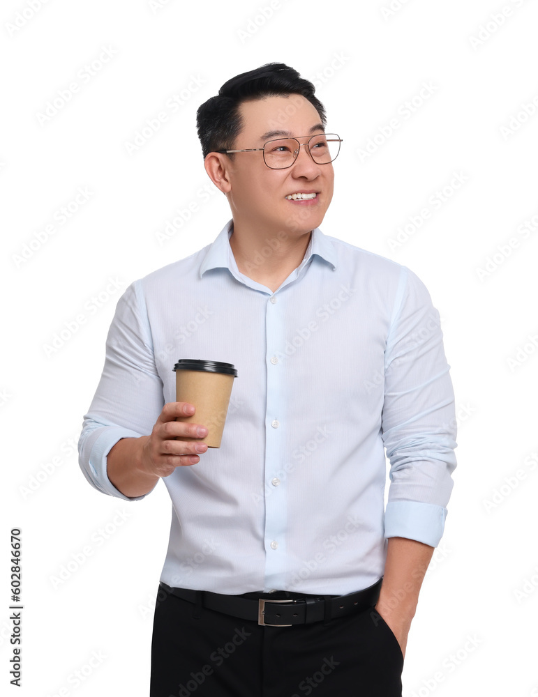 Businessman in formal clothes with cup of drink on white background Businessman in formal clothes with cup of drink on white background