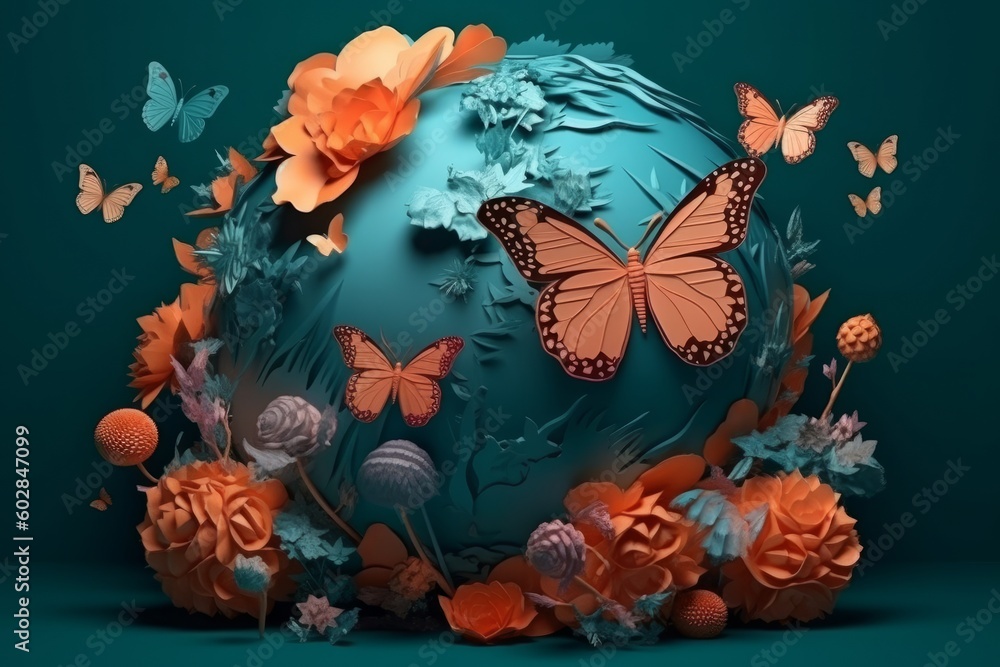 3D illustration of a blue planet with butterflies and flowers on a green background, generative Ai