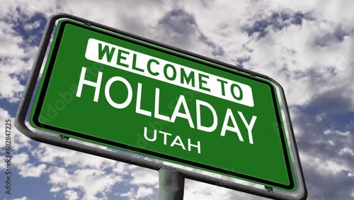 Welcome to Holladay, Utah. USA City Road Sign Close Up, Realistic 3D Animation photo