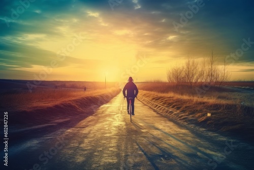 Cyclist on the road at sunset. Photo in old color image style, generative Ai