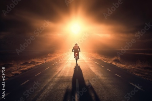 A motorcyclist riding on the road at sunset. 3d rendering, generative Ai