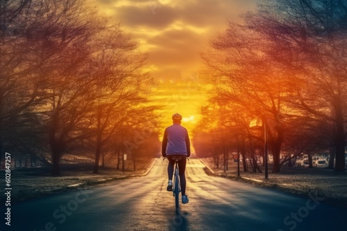 Young man riding a bicycle on the road in the park at sunset, generative Ai