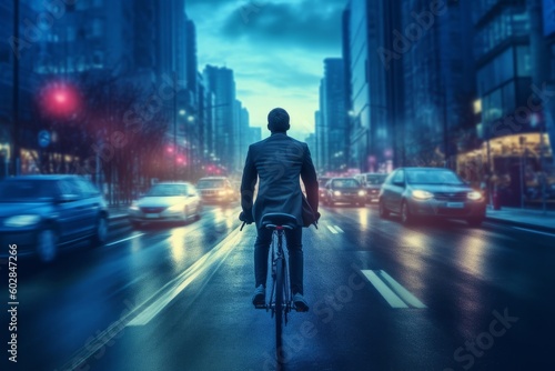 Rear view of a businessman riding a bicycle in the city at night, generative Ai