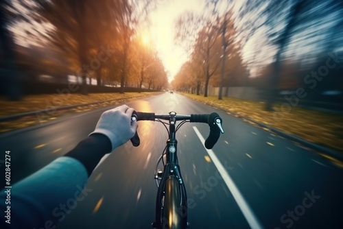 Cyclist riding on the road in the city at sunset, generative Ai