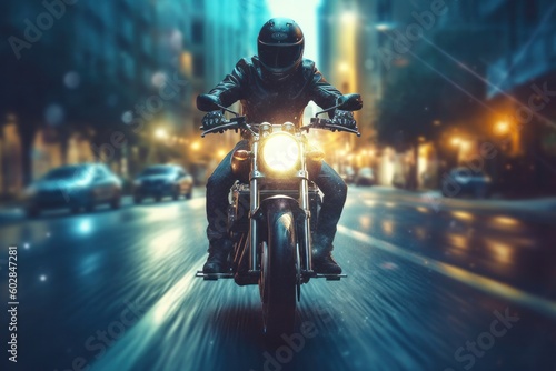 Motorcycle rider riding on the road in the city at night, generative Ai