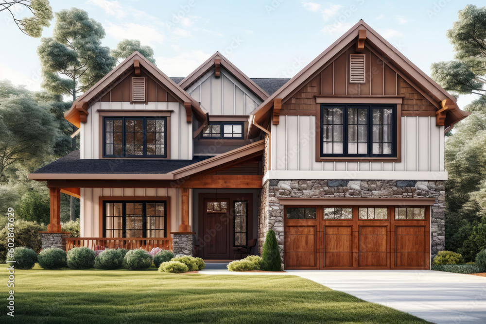 Luxury residence front view. Wooden door garage Luxury residence front view. Wooden door garage