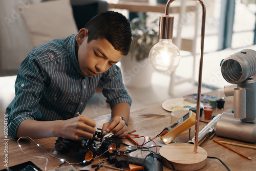 Bilde på lerret Education, car robot and child in home with homework, homeschool and science, learning and tech project