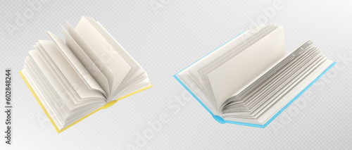 3d open books with blank white pages. Mockup of empty notebooks with yellow and blue covers isolated on transparent background, vector realistic illustration