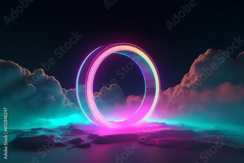 3d render, abstract background, neon light with cloud and circle, generative Ai
