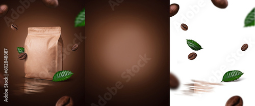 Coffee product display mockup with flying png beans on brown background