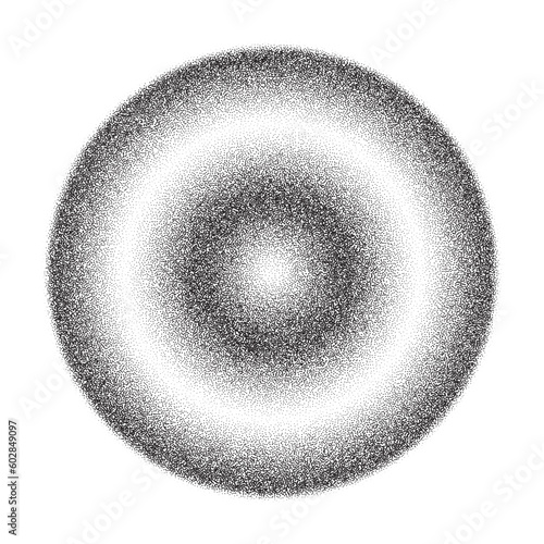 Grainy circle with noise dotted texture. Gradient ball with shadow on white background. Abstract planet sphere with halftone stipple effect. Vector shape