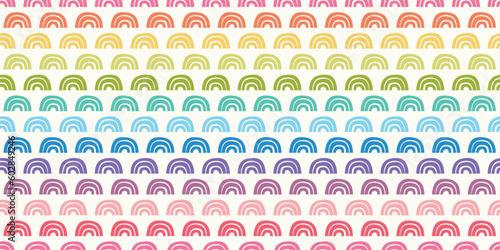 Rainbow pattern background border. Fun vector seamless repeat banner design of bright rainbows. 