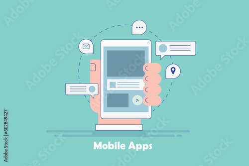 Text message email conversation on communication app program running on smartphone screen, person holding mobile in hand vector illustration.