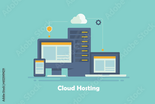 Cloud computing server machine hosting internet database, secure network connection, website data on laptop, mobile and desktop pc screen, vector illustration flat design.