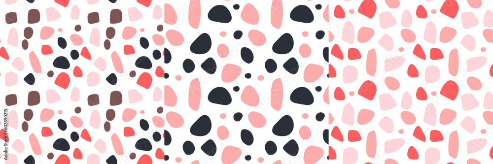 Abstract seamless pattern with black and pink spots. Set. Vector doodle illustration on white background. spots for fabrics, textiles, and ect. Abstract seamless pattern with black and pink spots. Set. Vector doodle illustration on white background. spots for fabrics, textiles, and ect.