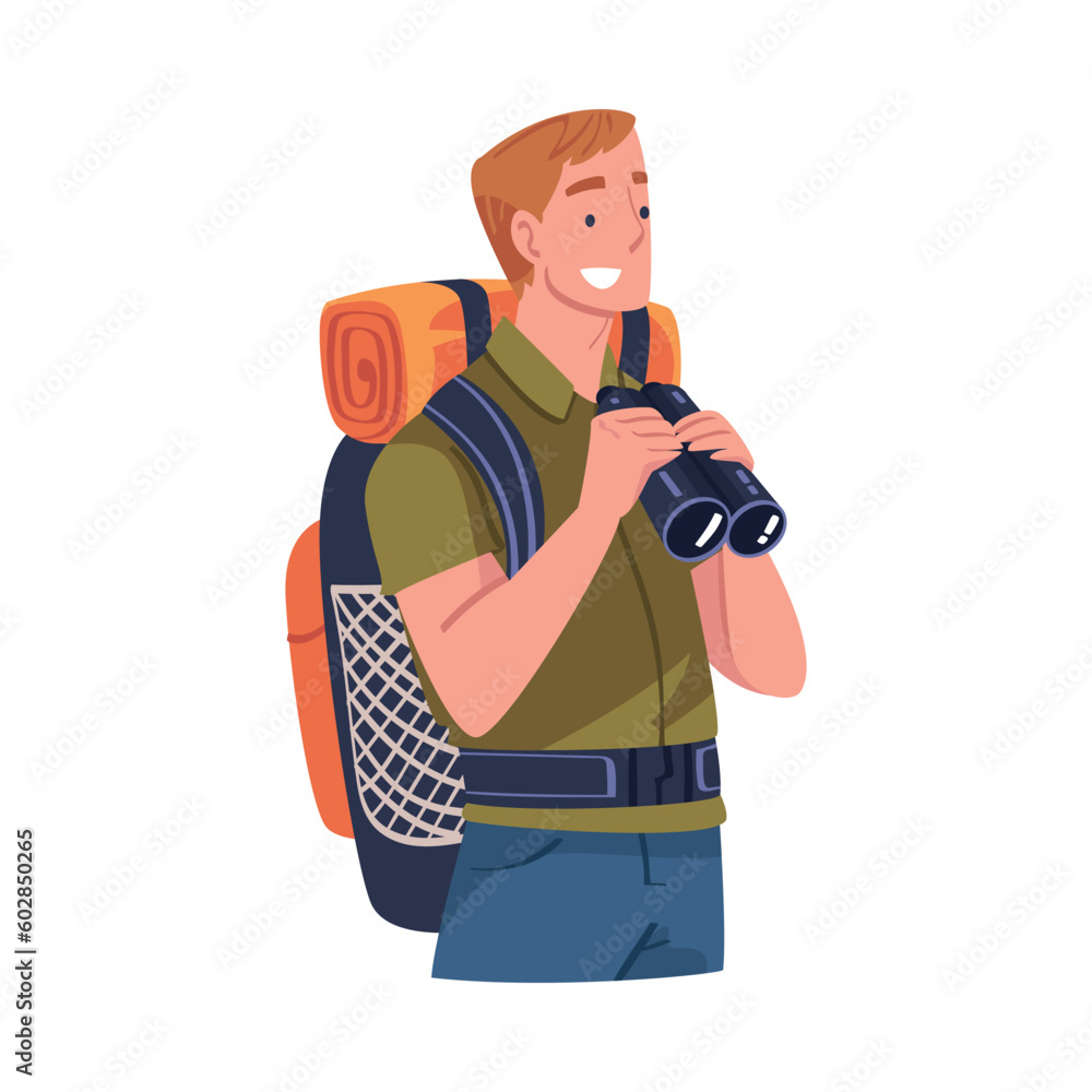 Young Man Character Engaged in Local Tourism Wearing Backpack and Hiking Holding Binoculars Vector Illustration Young Man Character Engaged in Local Tourism Wearing Backpack and Hiking Holding Binoculars Vector Illustration