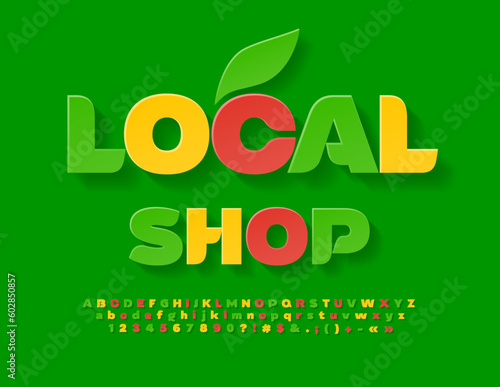 Vector bright signboard Local Shop. Creative sticker Font. Colorful Alphabet Letters and Numbers set