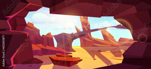 Ancient mountain cave exit lit by bright sunlight. Vector cartoon illustration of rocky landscape with huge stones, shadows on sand, blue sky with clouds. View from cliff tunnel. Adventure background