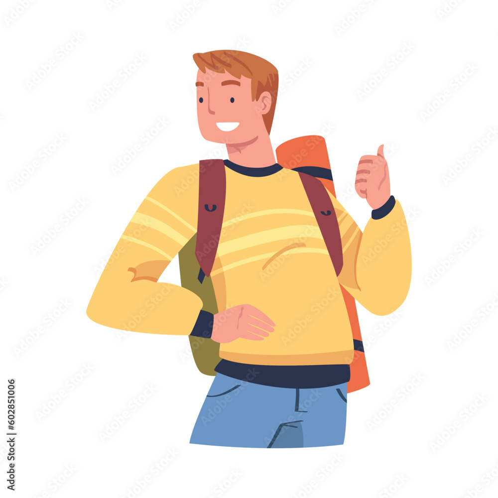 Young Man Character Engaged in Local Tourism Wearing Backpack and Hiking Showing Thumb Up Vector Illustration