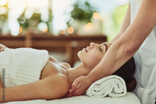 Luxury, beauty and massage with woman in spa for wellness, relax and cosmetics treatment. Skincare, peace and zen with female customer and hands of therapist for physical therapy, salon and detox