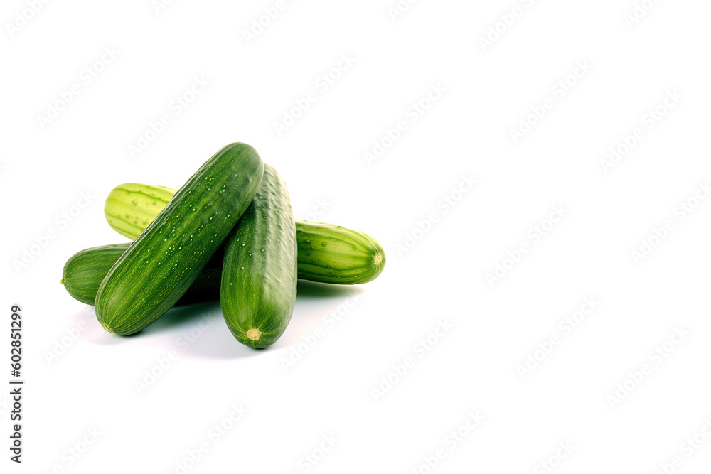 A pile of fresh green cucumbers isolated on white background with copy space. Created with Generative AI Technology A pile of fresh green cucumbers isolated on white background with copy space. Created with Generative AI Technology