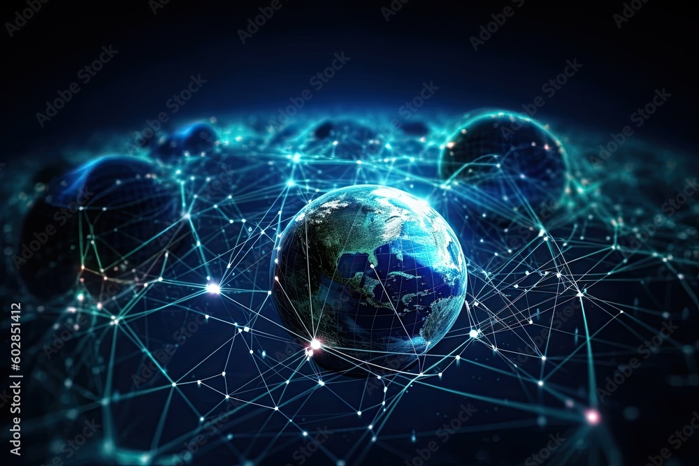 World map on a technological background, glowing lines symbols of the Internet, radio and satellite communications. - obrazy, fototapety, plakaty 