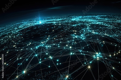 World map on a technological background, glowing lines symbols of the Internet, radio and satellite communications.