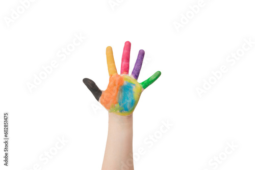 Child's hand painted with multicolored finger paints