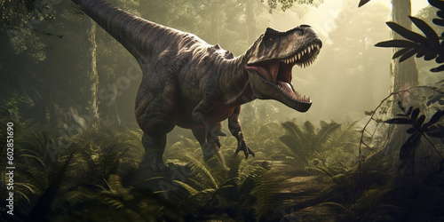 King of the Prehistoric Realm Realistic Illustration of Tyrannosaurus Rex in its Ancient Habitat AI generated