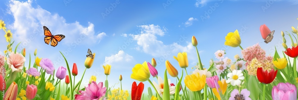 A colorful flower field, a mix of tulips, daisies, and other flowers in various shades, bees and butterflies flying around, a clear blue sky in the background, field of flowers, Generative AI A colorful flower field, a mix of tulips, daisies, and other flowers in various shades, bees and butterflies flying around, a clear blue sky in the background, field of flowers, Generative AI