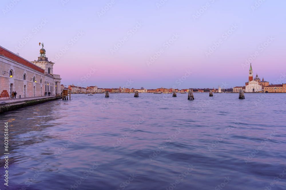 Sunset view of Giudecca, Dogana and St. Marks waterfront, Venice
