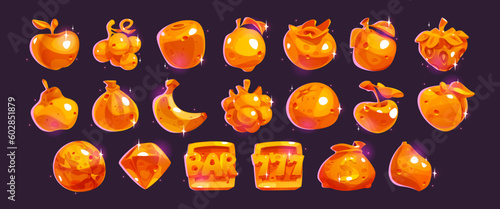Cartoon set of golden slot machine icons isolated on background. Vector illustration of sparkling fruit, money bag, diamond, jackpot sign for casino game ui, mobile betting app design. Chance to win