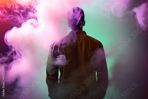 a man standing in front of a cloud of smoke with neon lights