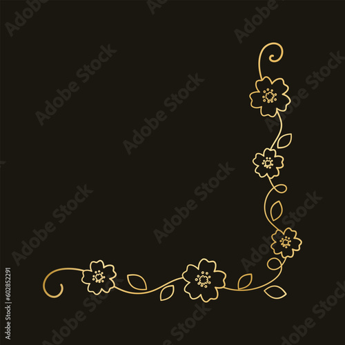 Spring gold floral corner borders. Flower page decoration doodle vector illustration.