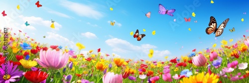 A colorful flower field  a mix of tulips  daisies  and other flowers in various shades  bees and butterflies flying around  a clear blue sky in the background  field of flowers  Generative AI