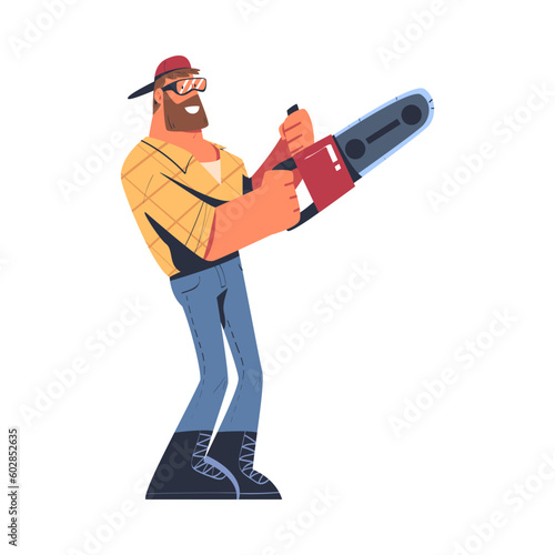 Bearded Man Logger or Lumberjack in Checkered Shirt and Goggles with Saw Vector Illustration