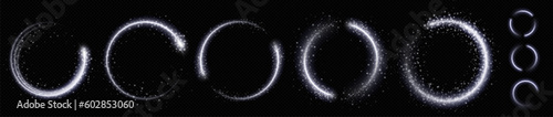 White spark circle light effect with magic glow. Abstract round glitter sparkle silver vector border stroke transparent background. Shiny luxury circular dust particle design set with starlight trail