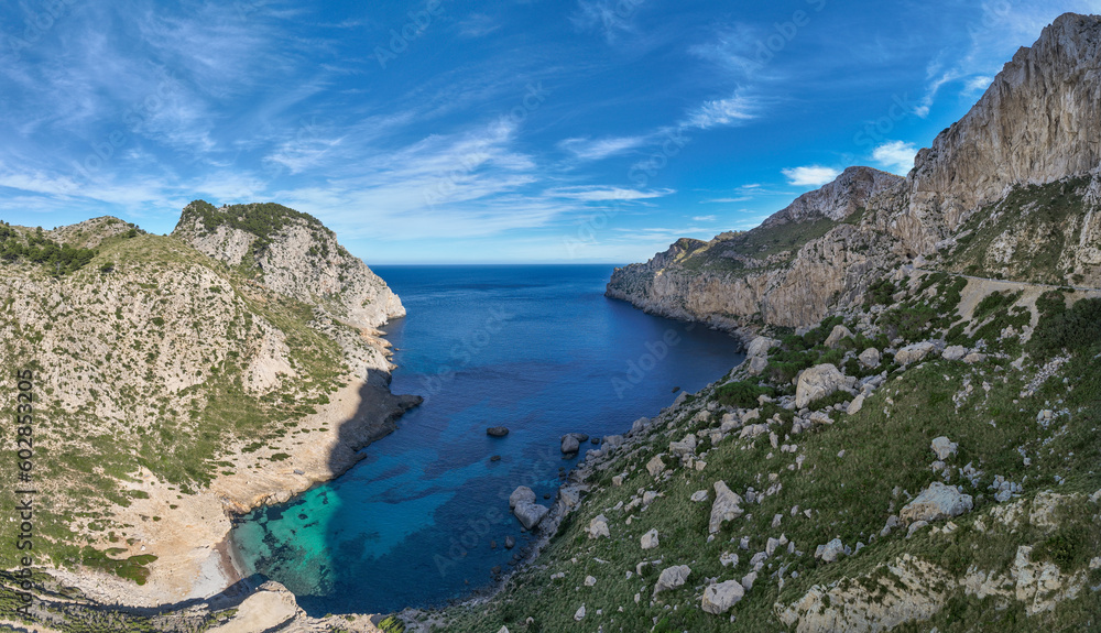 Flight past rocky cliffs and sea, Cap Formentor, coastal landscape, Pollença, Mallorca, Balearic Islands, Spain