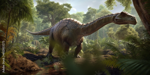 Majestic Encounter Realistic Illustration of an Iguanodon Roaming the Pristine Prehistoric Landscape AI generated © artefacti