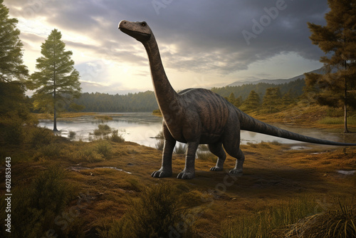 Graceful Giants Roaming the Prehistoric Realm Realistic Illustration Showcasing the Diplodocus in a Serene Prehistoric Landscape AI generated © artefacti