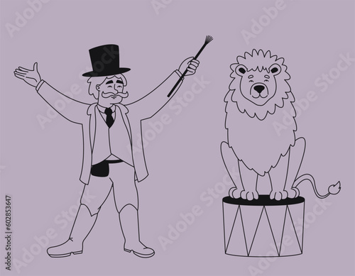 Trainer with lion. Circus character in outline style.