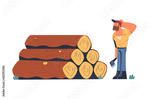 Bearded Man Logger or Lumberjack in Checkered Shirt Standing Near Log Pile with Axe Scratching Head Vector Illustration